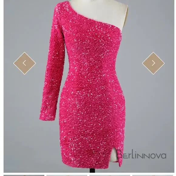 Berlinnova Sexy Glitter One-Shoulder Sequin Minidress Pink Size 4 - Picture 2 of 9
